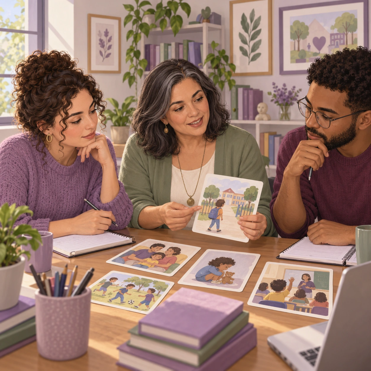 Estudantes e psicóloga discutem uma situação fictícia infantil; cena ilustrativa